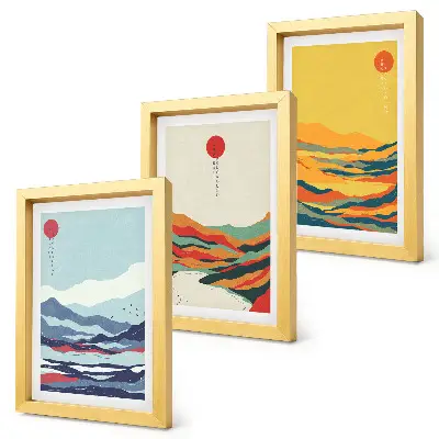 Composizione di 3 quadri con paesaggi astratti e colorati di montagne e fiumi