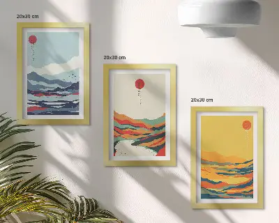 Composizione di 3 quadri con paesaggi astratti e colorati di montagne e fiumi
