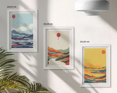 Composizione di 3 quadri con paesaggi astratti e colorati di montagne e fiumi