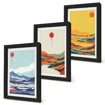 Composizione di 3 quadri con paesaggi astratti e colorati di montagne e fiumi