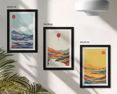 Composizione di 3 quadri con paesaggi astratti e colorati di montagne e fiumi