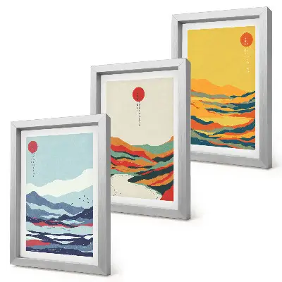 Composizione di 3 quadri con paesaggi astratti e colorati di montagne e fiumi