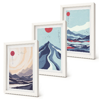 Trittico incorniciato Paesaggi montani astratti in stile giapponese