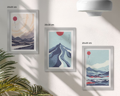 Trittico incorniciato Paesaggi montani astratti in stile giapponese