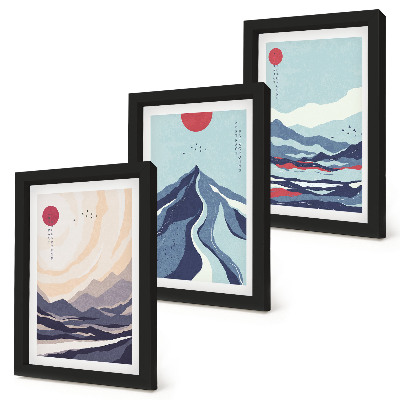 Trittico incorniciato Paesaggi montani astratti in stile giapponese