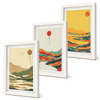 Composizione di 3 quadri Motivi colorati di montagne e fiumi in stile giapponese