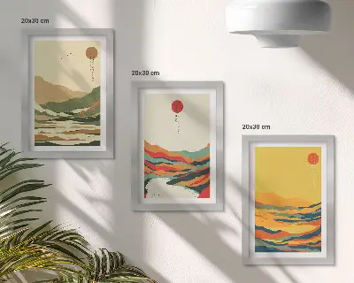 Composizione di 3 quadri con motivi di montagne e fiumi in stile giapponese