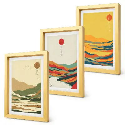 Composizione di 3 quadri con motivi di montagne e fiumi in stile giapponese