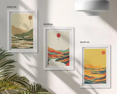Composizione di 3 quadri con motivi di montagne e fiumi in stile giapponese