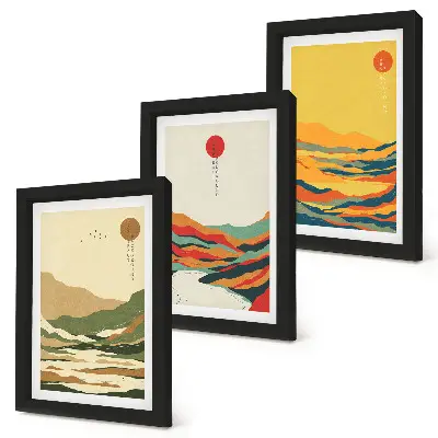 Composizione di 3 quadri con motivi di montagne e fiumi in stile giapponese