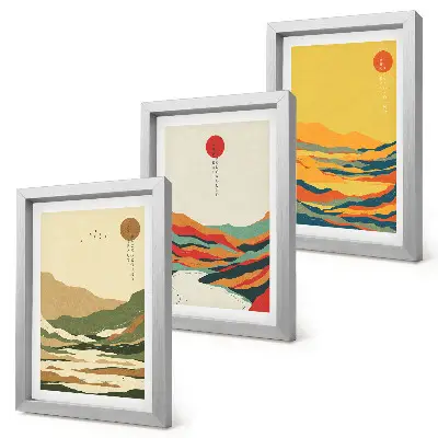 Composizione di 3 quadri con motivi di montagne e fiumi in stile giapponese