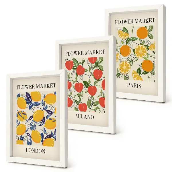 Trittico di manifesti floreali con stampe di Londra, Milano e Parigi incorniciate