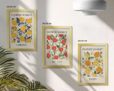 Trittico di manifesti floreali con stampe di Londra, Milano e Parigi incorniciate