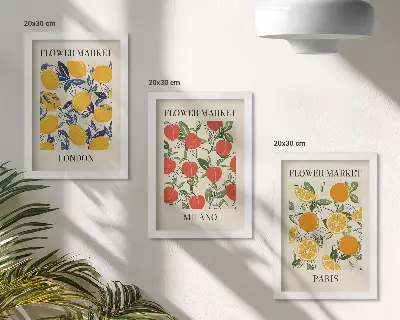 Trittico di manifesti floreali con stampe di Londra, Milano e Parigi incorniciate
