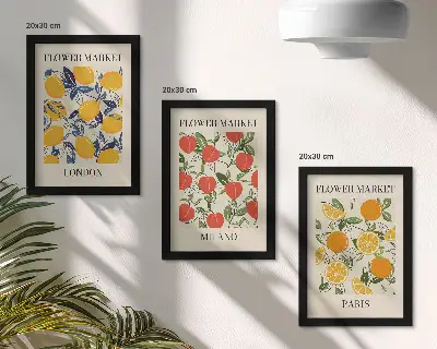 Trittico di manifesti floreali con stampe di Londra, Milano e Parigi incorniciate