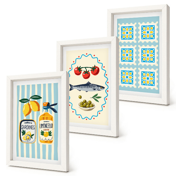 Composizione di 3 quadri Illustrazioni di cucine in stile mediterraneo
