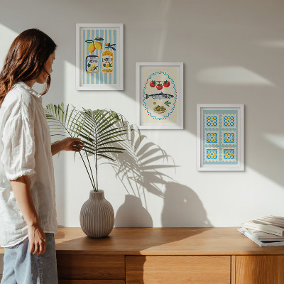 Composizione di 3 quadri Illustrazioni di cucine in stile mediterraneo