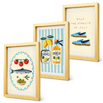 Trittico incorniciato Sapori e stile di vita italiani in immagini colorate.