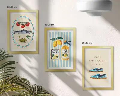 Trittico incorniciato immagini colorate con sapori e stile di vita italiani