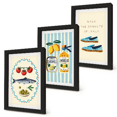 Trittico incorniciato Sapori e stile di vita italiani in immagini colorate.