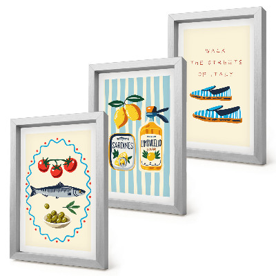Trittico incorniciato Sapori e stile di vita italiani in immagini colorate.