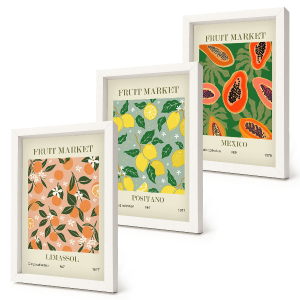 Trittico incorniciato Agrumi e frutti tropicali in stile retrò