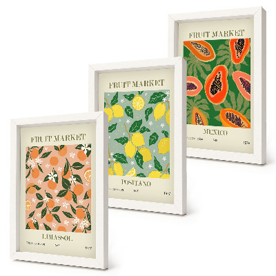 Trittico incorniciato Agrumi e frutti tropicali in stile retrò