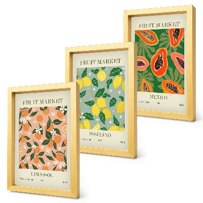 Trittico incorniciato Agrumi e frutti tropicali in stile retrò