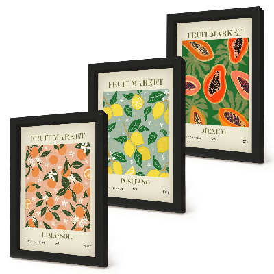 Trittico incorniciato Agrumi e frutti tropicali in stile retrò