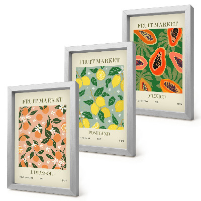 Trittico incorniciato Agrumi e frutti tropicali in stile retrò