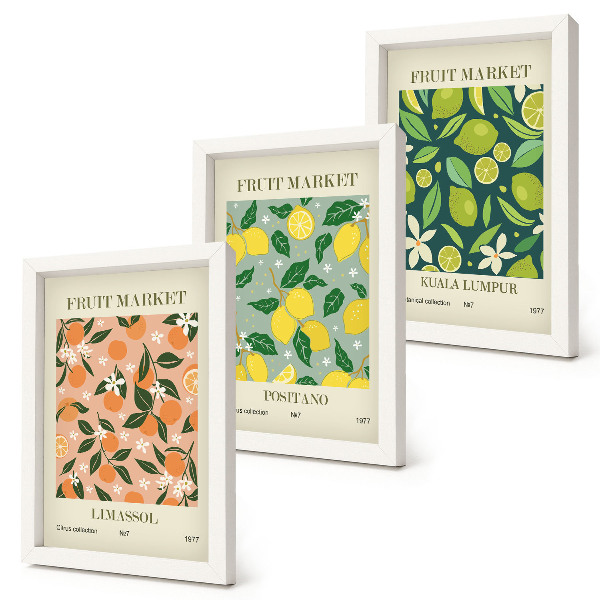 Composizione di 3 quadri Motivi fruttati con agrumi e fiori vintage