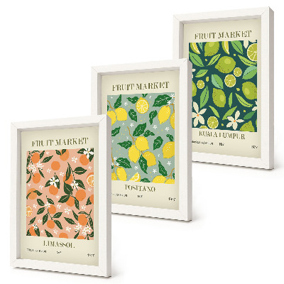 Composizione di 3 quadri Motivi fruttati con agrumi e fiori vintage