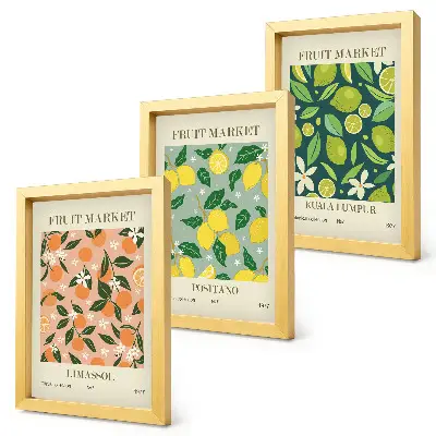 Composizione di 3 quadri con motivi fruttati di agrumi e fiori vintage