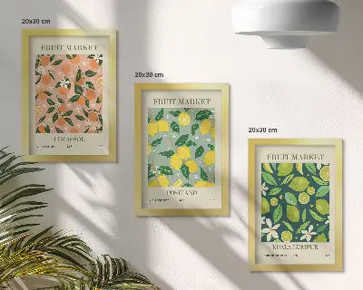 Composizione di 3 quadri con motivi fruttati di agrumi e fiori vintage