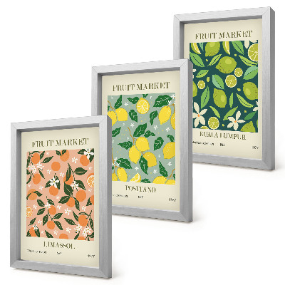 Composizione di 3 quadri Motivi fruttati con agrumi e fiori vintage