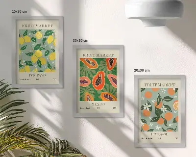Trittico incorniciato con stampa di frutta con limoni papaie mandarini e fiori