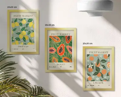 Trittico incorniciato con stampa di frutta con limoni papaie mandarini e fiori