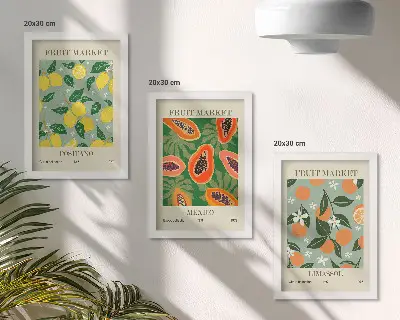 Trittico incorniciato con stampa di frutta con limoni papaie mandarini e fiori