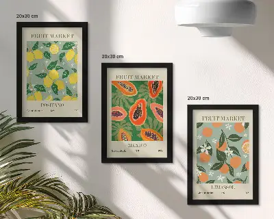 Trittico incorniciato con stampa di frutta con limoni papaie mandarini e fiori
