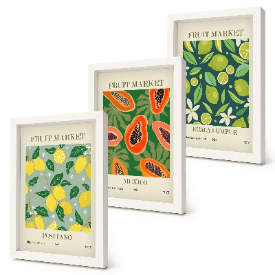 Composizione di 3 quadri Motivi fruttati di limoni, papaie e lime