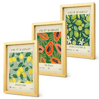 Composizione di 3 quadri con motivi fruttati di limoni, papaie e lime