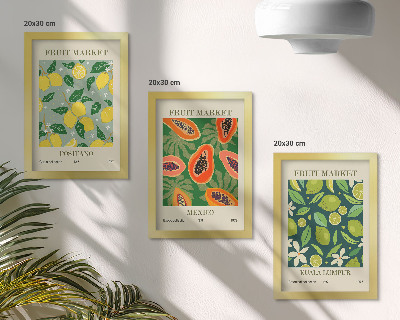 Composizione di 3 quadri Motivi fruttati di limoni, papaie e lime