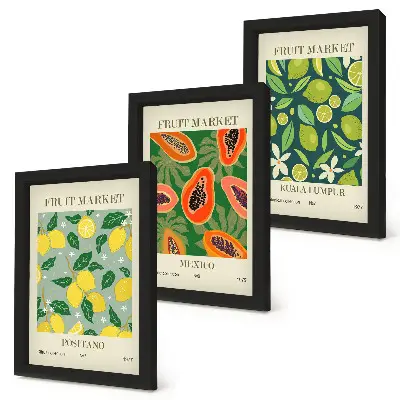 Composizione di 3 quadri con motivi fruttati di limoni, papaie e lime