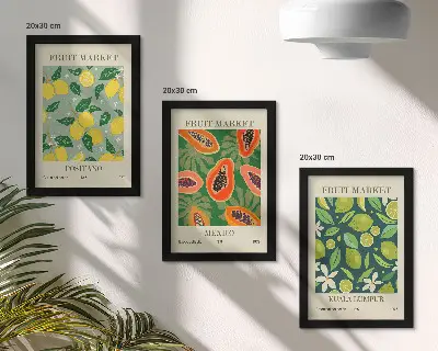 Composizione di 3 quadri con motivi fruttati di limoni, papaie e lime