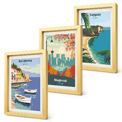 Composizione di 3 quadri con panorami urbani e paesaggi di Grecia, Canada e Australia