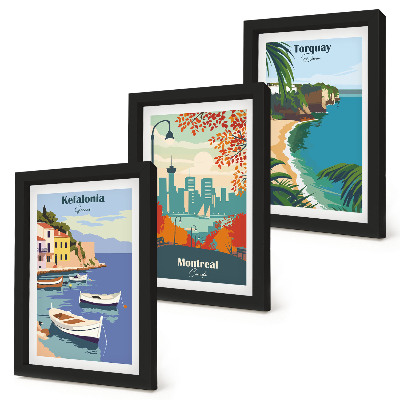 Composizione di 3 quadri Panorami urbani e paesaggi di Grecia, Canada e Australia