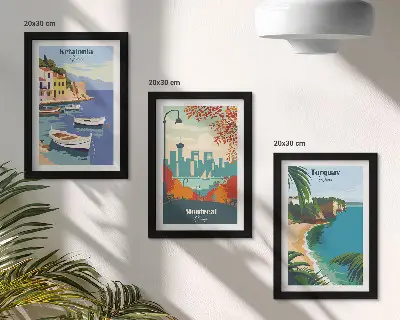 Composizione di 3 quadri con panorami urbani e paesaggi di Grecia, Canada e Australia