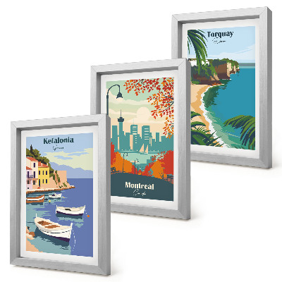 Composizione di 3 quadri Panorami urbani e paesaggi di Grecia, Canada e Australia