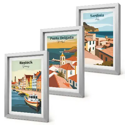 Composizione di 3 quadri con vedute di città costiere e portuali europee