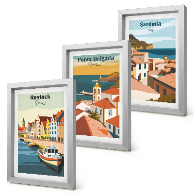 Composizione di 3 quadri Vedute di città costiere e portuali europee